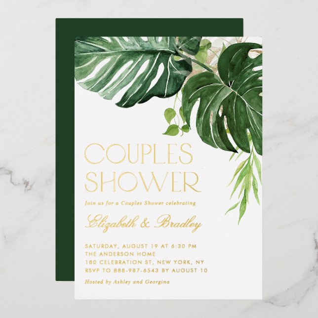 Watercolor Monstera Leaves Tropical Couples Shower (Front/Back)