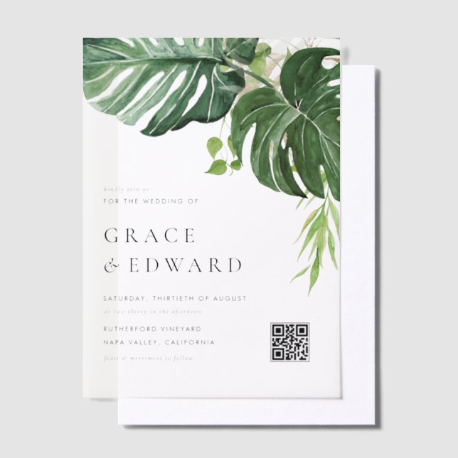 Watercolor Monstera Tropical Wedding QR Code Vellum Invitations (Offset)