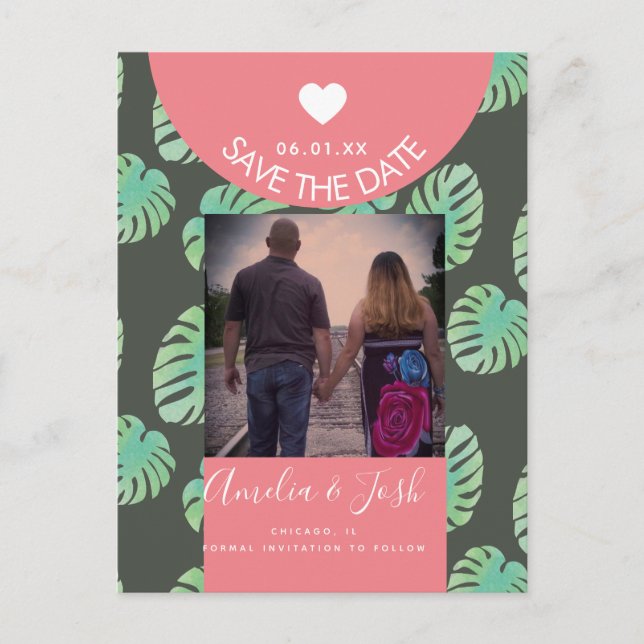 Watercolor Monsteras Pink Save the Date Postcard (Front)