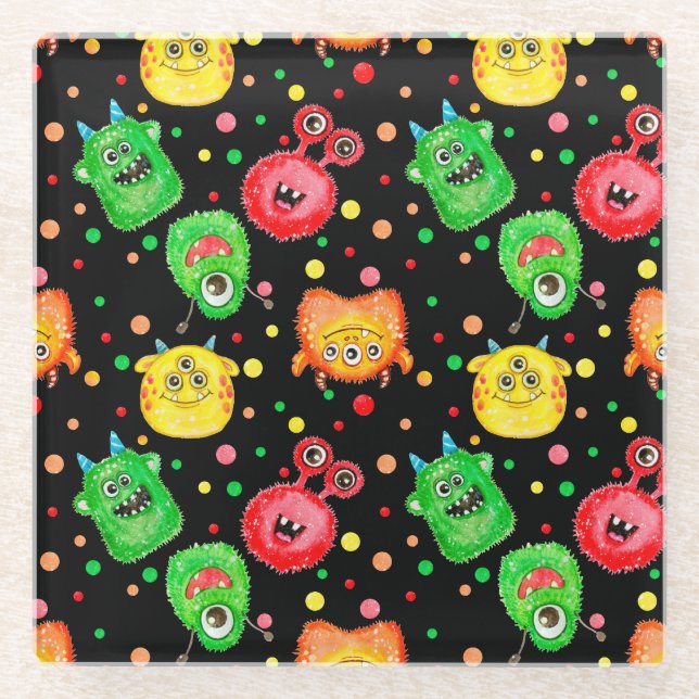 Watercolor Monsters: Cute Seamless Pattern Glass Coaster (Front)