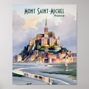 Watercolor Mont Saint Michel France Vintage Travel Poster