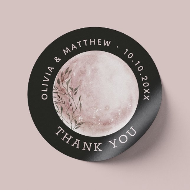 Watercolor Moon | Black Thank You Wedding Favour Classic Round Sticker (Creator Uploaded)