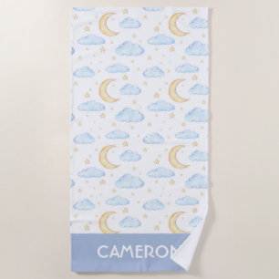 Watercolor Moon Stars and Clouds Pattern Beach Towel