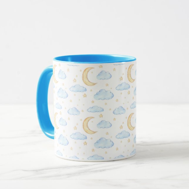 Watercolor Moon Stars and Clouds Pattern Mug (Front Left)