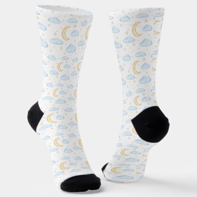 Watercolor Moon Stars and Clouds Pattern Socks (Angled)