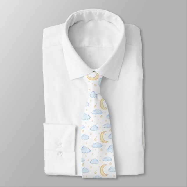 Watercolor Moon Stars and Clouds Pattern Tie (Tied)