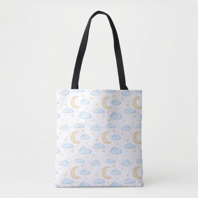 Watercolor Moon Stars and Clouds Pattern Tote Bag (Front)