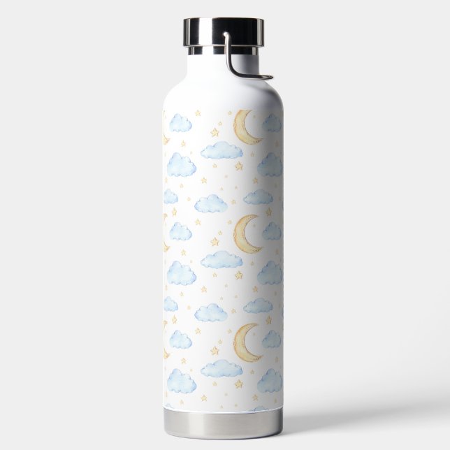 Watercolor Moon Stars and Clouds Pattern Water Bottle (Left)
