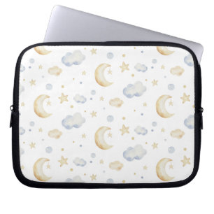 Watercolor Moon Stars & Cloud Pattern Laptop Sleeve