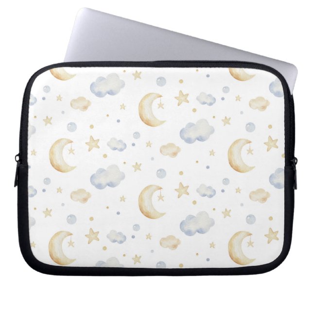 Watercolor Moon Stars & Cloud Pattern Laptop Sleeve (Front)