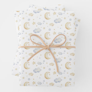 Watercolor Moon Stars & Cloud Pattern Wrapping Paper Sheet