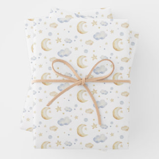Watercolor Moon Stars & Cloud Pattern Wrapping Paper Sheet