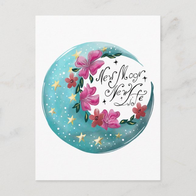 Watercolor Moon with stars and flowers Postcard (Front)