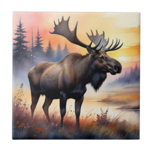 Watercolor Moose at Sunrise Ceramic Tile
