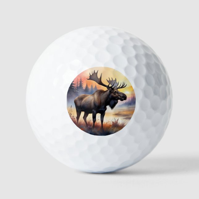 Watercolor Moose at Sunrise Golf Balls (Front)