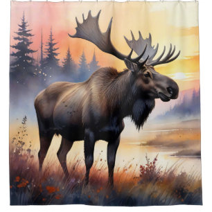 Watercolor Moose at Sunrise Shower Curtain