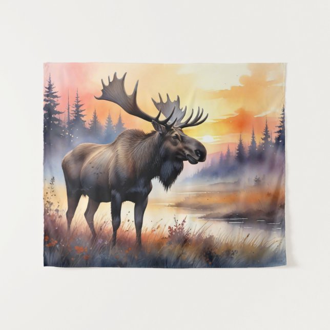 Watercolor Moose at Sunrise Tapestry (Front (Horizontal))