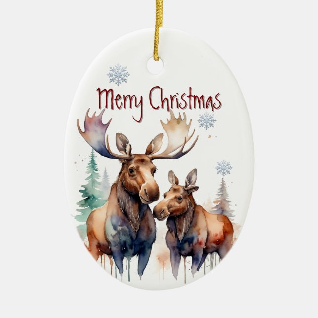 Watercolor Moose Wildlife  Animal Custom Ceramic Ornament (Front)