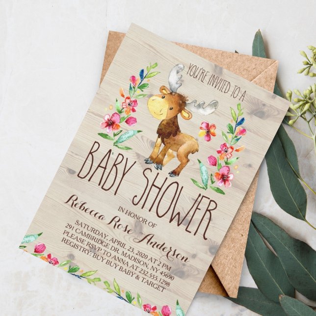 Watercolor Moose Woodland Baby Shower Invitation (Creator Uploaded)