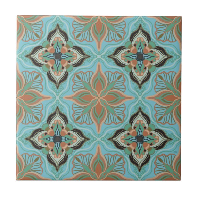 Watercolor Moroccan Blue Floral Tile  (Front)