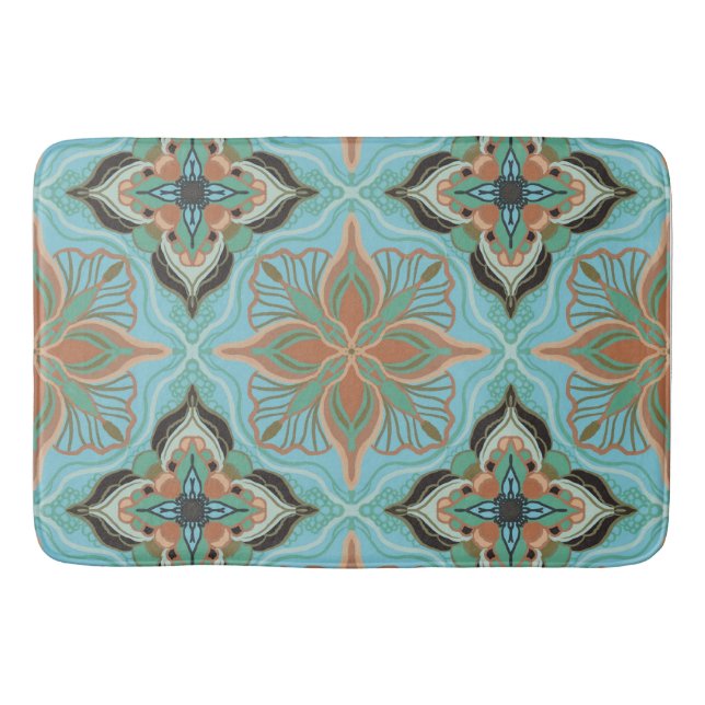 Watercolor Moroccan Blue Floral Tile  Bath Mat (Front)