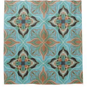 Watercolor Moroccan Blue Floral Tile  Shower Curtain