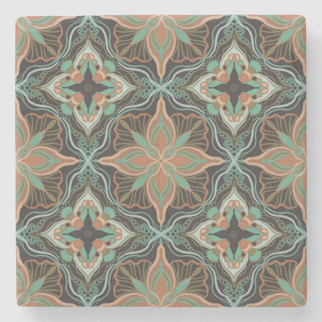 Watercolor Moroccan Brown Floral Tile Stone Coaster (Front)