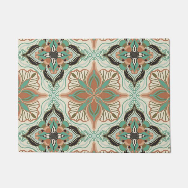 Watercolor Moroccan Floral Tile Doormat (Front)