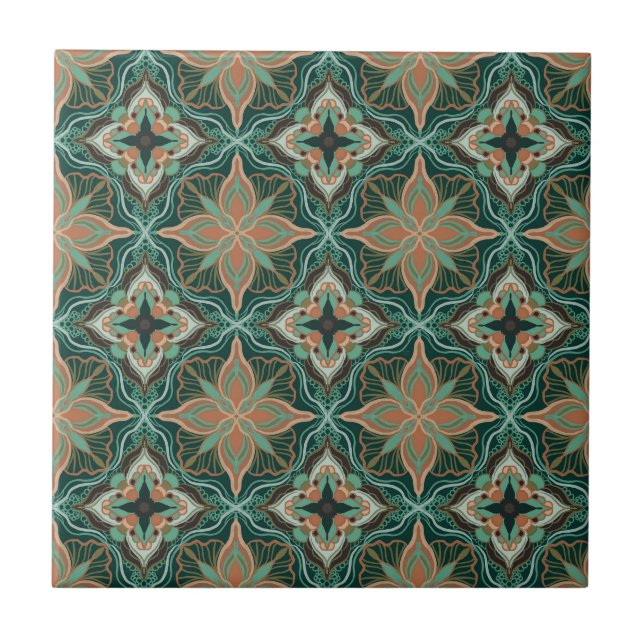 Watercolor Moroccan Teal Floral  Ceramic Tile (Front)