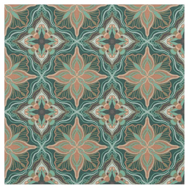 Watercolor Moroccan Teal Floral Tile Fabric (Close Up)