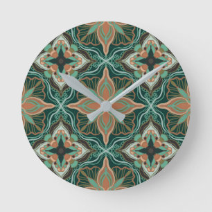 Watercolor Moroccan Teal Floral Tile Round Clock
