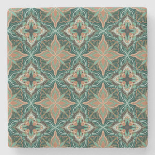 Watercolor Moroccan Teal Floral Tile  Stone Coaster