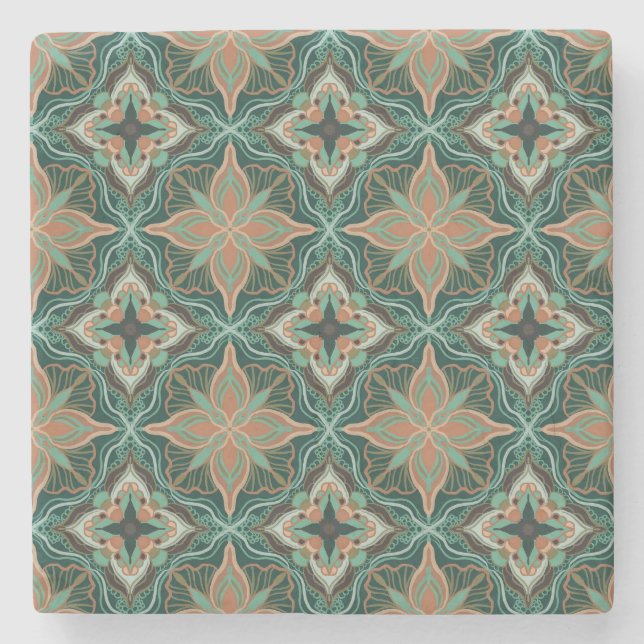 Watercolor Moroccan Teal Floral Tile  Stone Coaster (Front)
