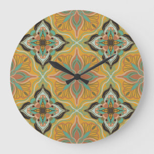 Watercolor Moroccan Yellow Floral Tile  Large Clock