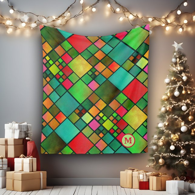 Watercolor Mosaic Pattern Christmas Fleece Blanket (Fleece blanket featuring your own monogram on a colorful watercolor checkered mosaic pattern)
