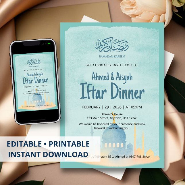 Watercolor Mosque Ramadan Iftar Party Invitation (Creator Uploaded)
