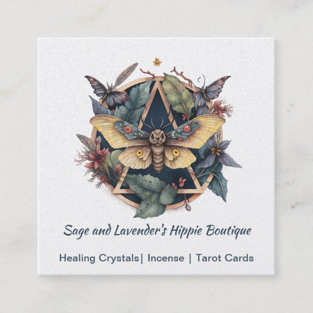 Watercolor Moth and Flowers Geometric  Square Business Card (Front)