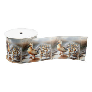 Watercolor Mother Duck With Ducklings Satin Ribbon