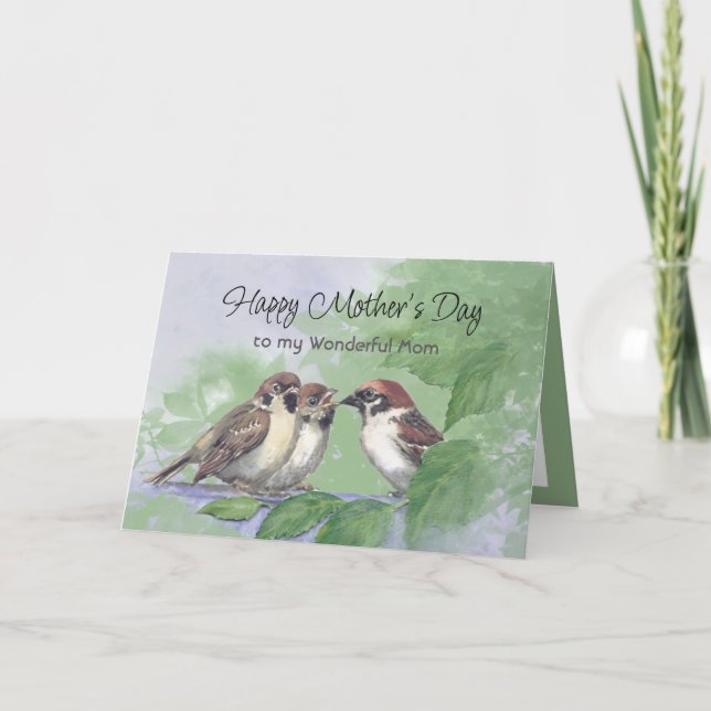 Watercolor Mother Sparrow Feeding Chicks Card (Front)