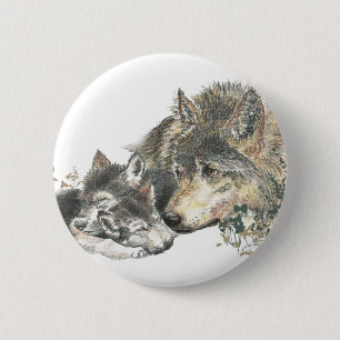 Watercolor Mother Wolf & Cubs Animal Art 6 Cm Round Badge