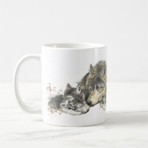 Watercolor Mother Wolf & Cubs Animal Art Coffee Mug