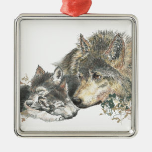 Watercolor Mother Wolf & Cubs Animal Art Metal Tree Decoration