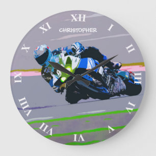 Watercolor Motorcycle Rider Circle Racing Sketch Large Clock