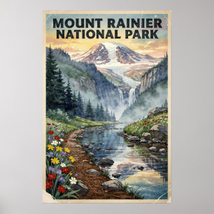 Watercolor Mount Rainier National Park Retro Poster