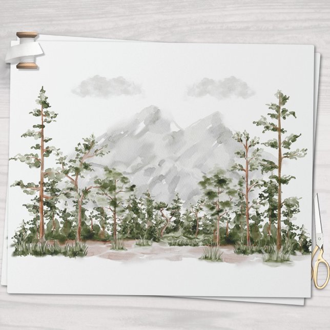 Watercolor Mountain and Forest Wrapping Paper (In situ)