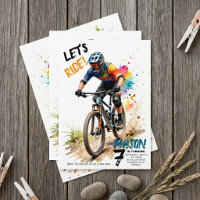 Watercolor Mountain Bike Boys Birthday Invitation
