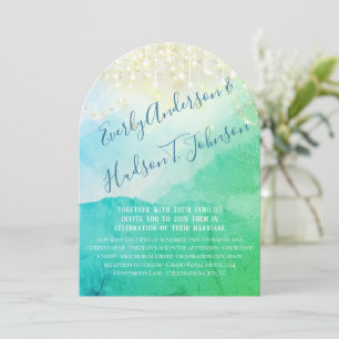 Watercolor Mountain Blue Green Gold Fairy Lights Invitation