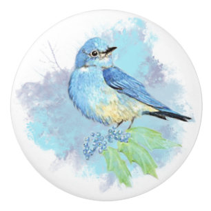 Watercolor Mountain Bluebird Bird Nature Art Ceramic Knob