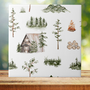 Watercolor Mountain Cabin Forest Seamless Pattern Ceramic Tile