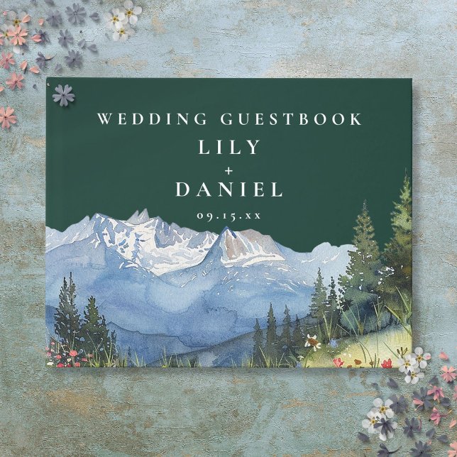 Watercolor Mountain Floral Emerald Green Wedding Guest Book (Watercolor Mountain Floral Emerald Green Wedding Guest Book)
